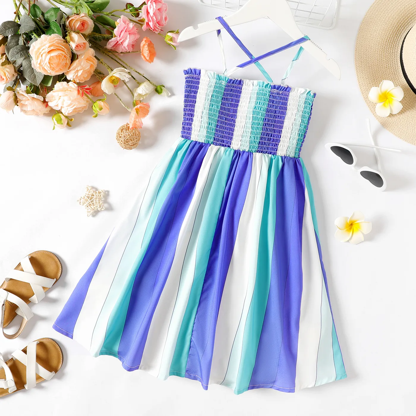 Kid Girl Sweet Stripe Pattern Cami Dress/ Shoes