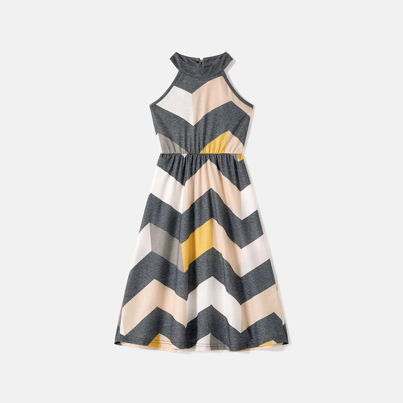 Family Matching Chevron Striped Halter Maxi Dresses and Short-sleeve Colorblock T-shirts Sets  big image 9