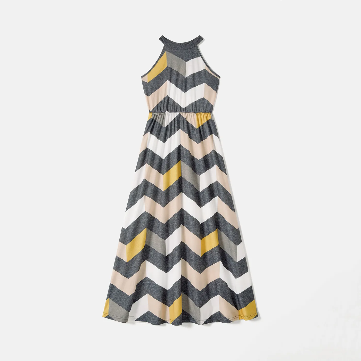 Family Matching Chevron Striped Halter Maxi Dresses and Short-sleeve Colorblock T-shirts Sets  big image 15