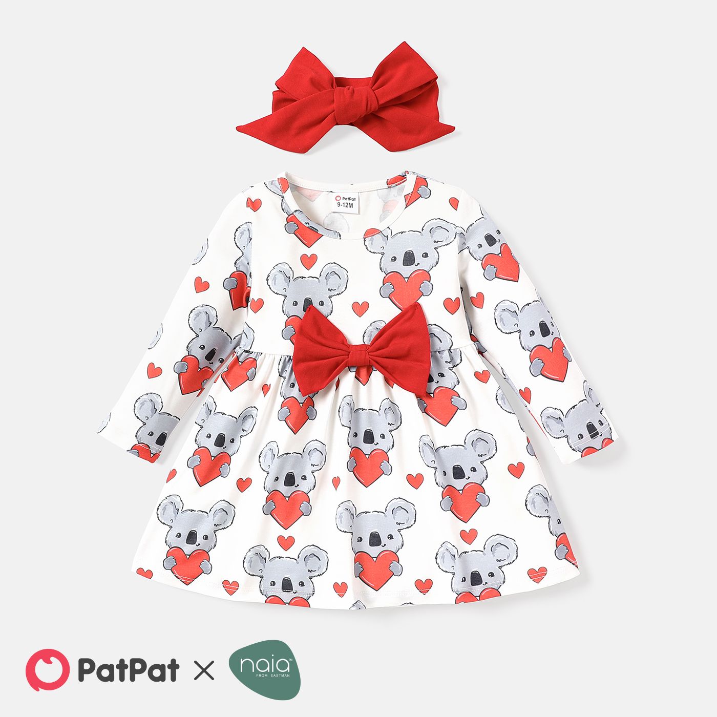 

2pcs Baby Girl Bow Front Allover Koala Print Long-sleeve Naia™ Dress & Headband Set