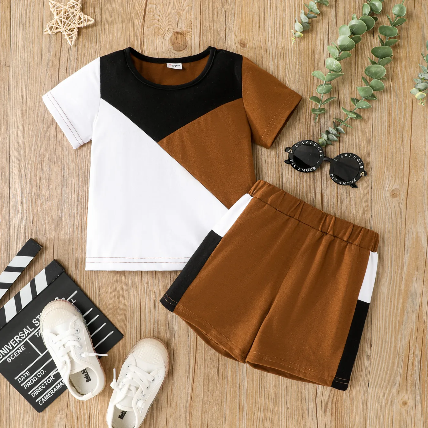2pcs Toddler Boy Trendy Colorblock Tee and Shorts Set  big image 1