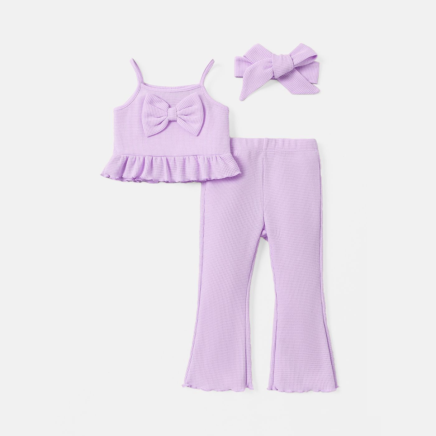 

3pcs Toddler Girl Solid Color Bowknot Design Camisole and Flared Pants & Headband Set