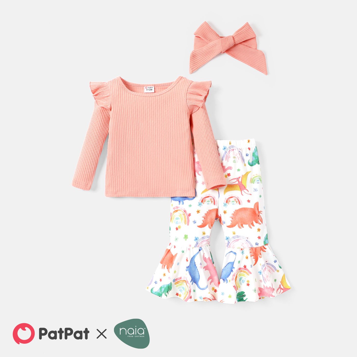 

3pcs Baby Girl Pink Ribbed Ruffle Long-sleeve Tee and Colorful Dinosaur Print Naia™ Flared Pants & Headband Set