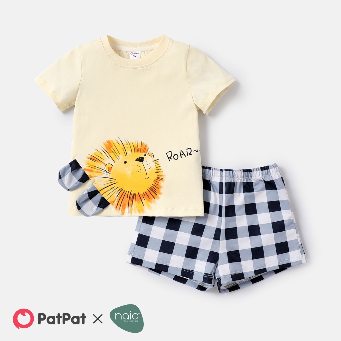 Naia 2pcs Toddler Boy Animal Lion Print Short-sleeve Cotton Tee And Plaid Shorts Set