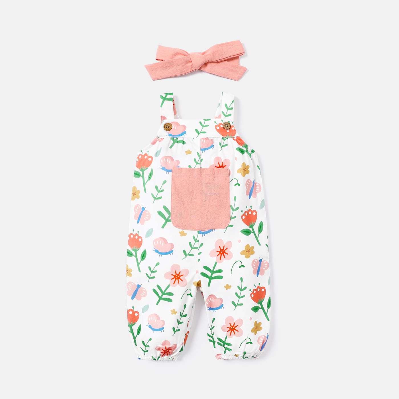 

2pcs Baby Girl Floral Print Pocket Design Overalls and Headband