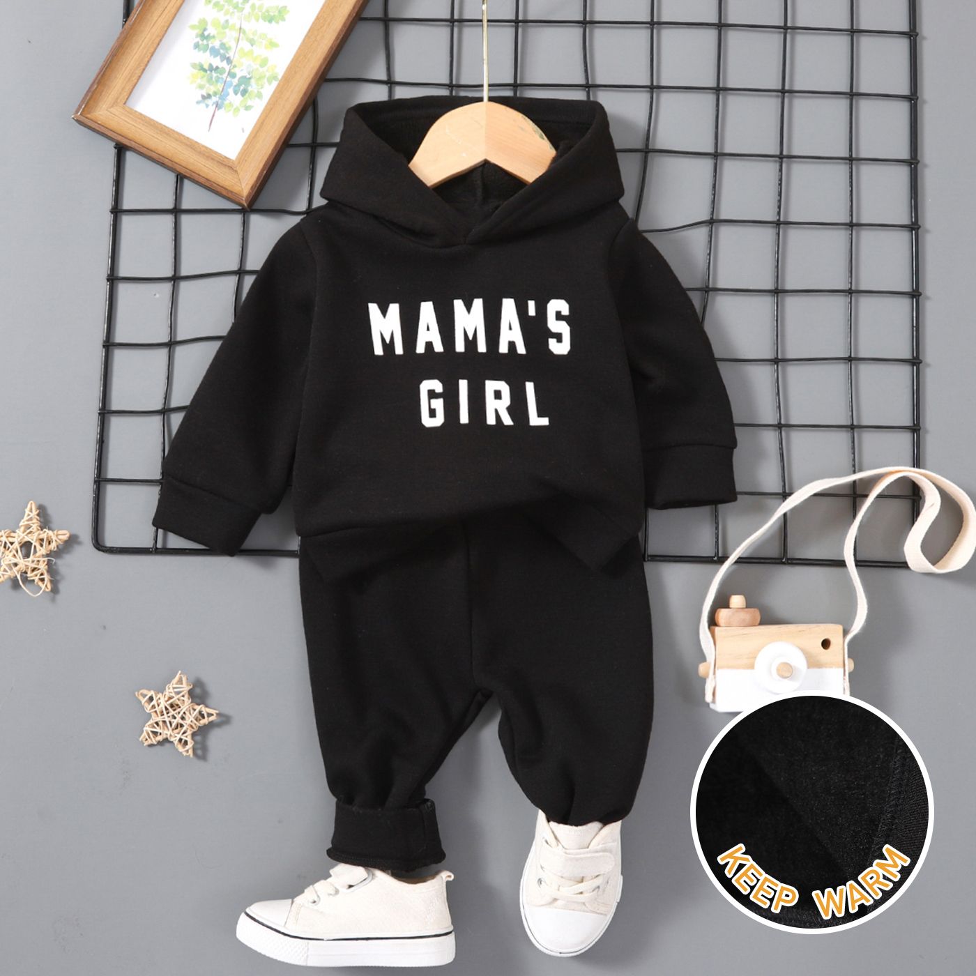 

2pcs Baby Girl Letter Print Black Fleece Lined Long-sleeve Hoodie and Sweatpants Set