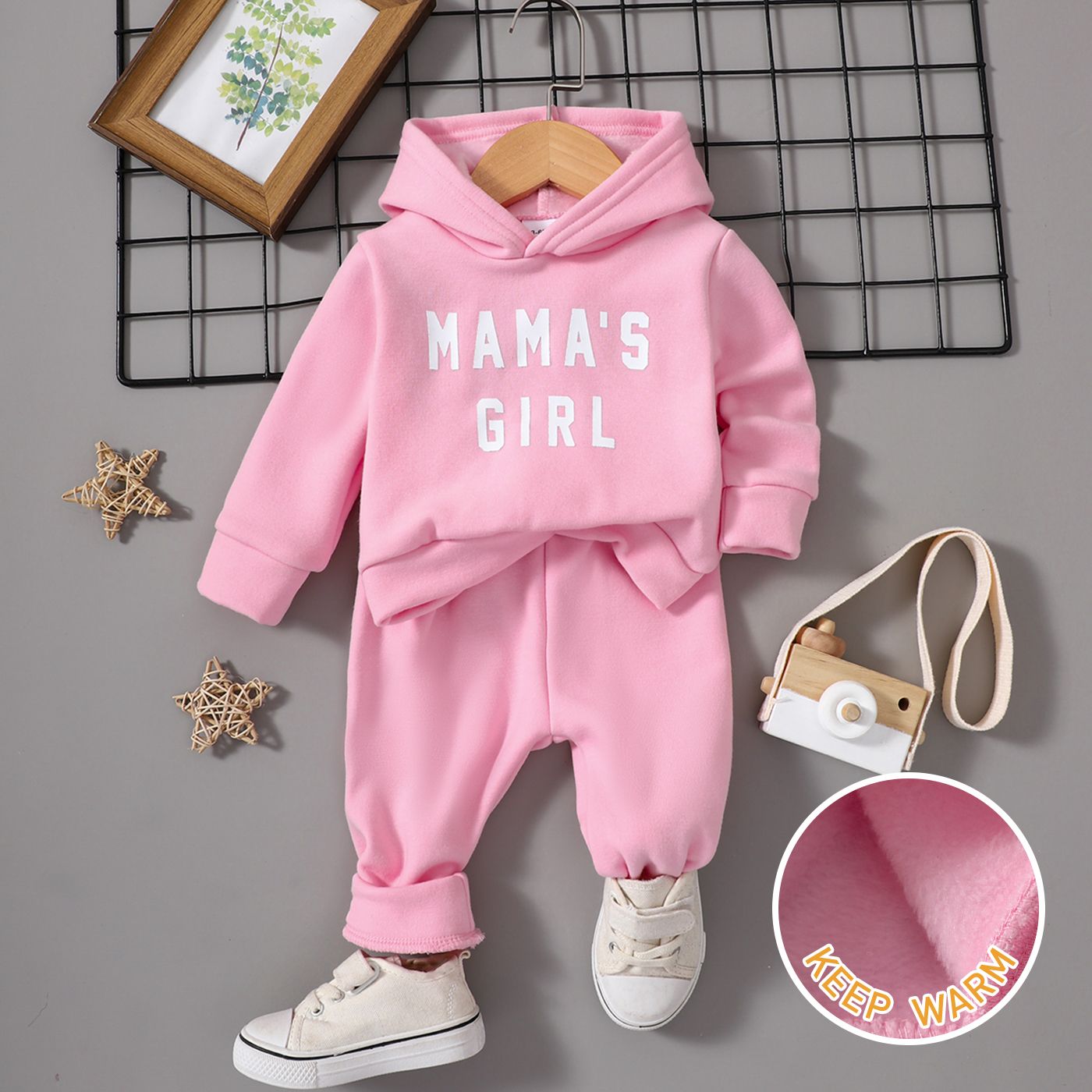 

2pcs Baby Girl Letter Print Black Fleece Lined Long-sleeve Hoodie and Sweatpants Set