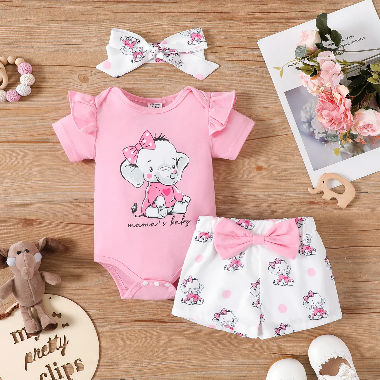 3pcs Baby Girl Elephant Print Ruffle Short-sleeve Romper and Bow Front Shorts & Headband Set Pink big image 1