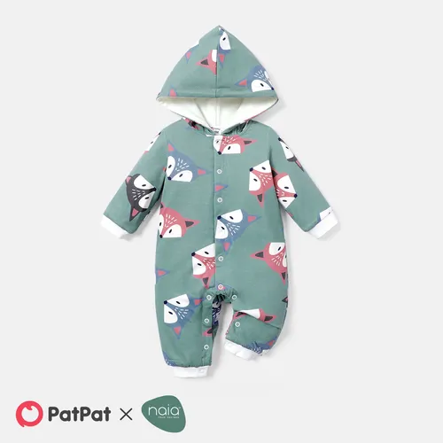 Naia™ Baby Boy/Girl Thermal Fleece Lined Hooded Long-sleeve Allover Fox Print Jumpsuit