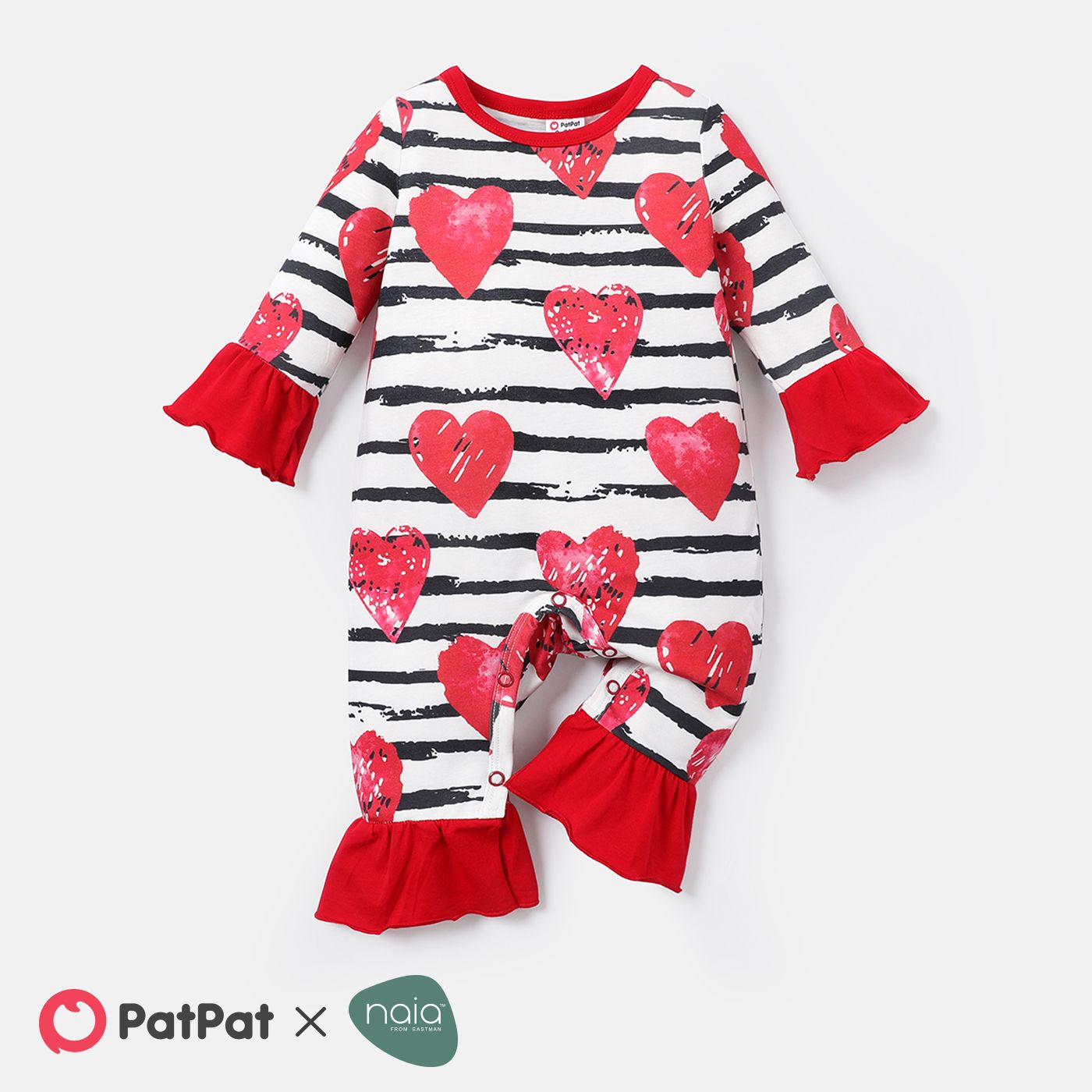 

Naia™ Baby Girl Allover Heart & Striped Print Ruffle Trim Long-sleeve Jumpsuit