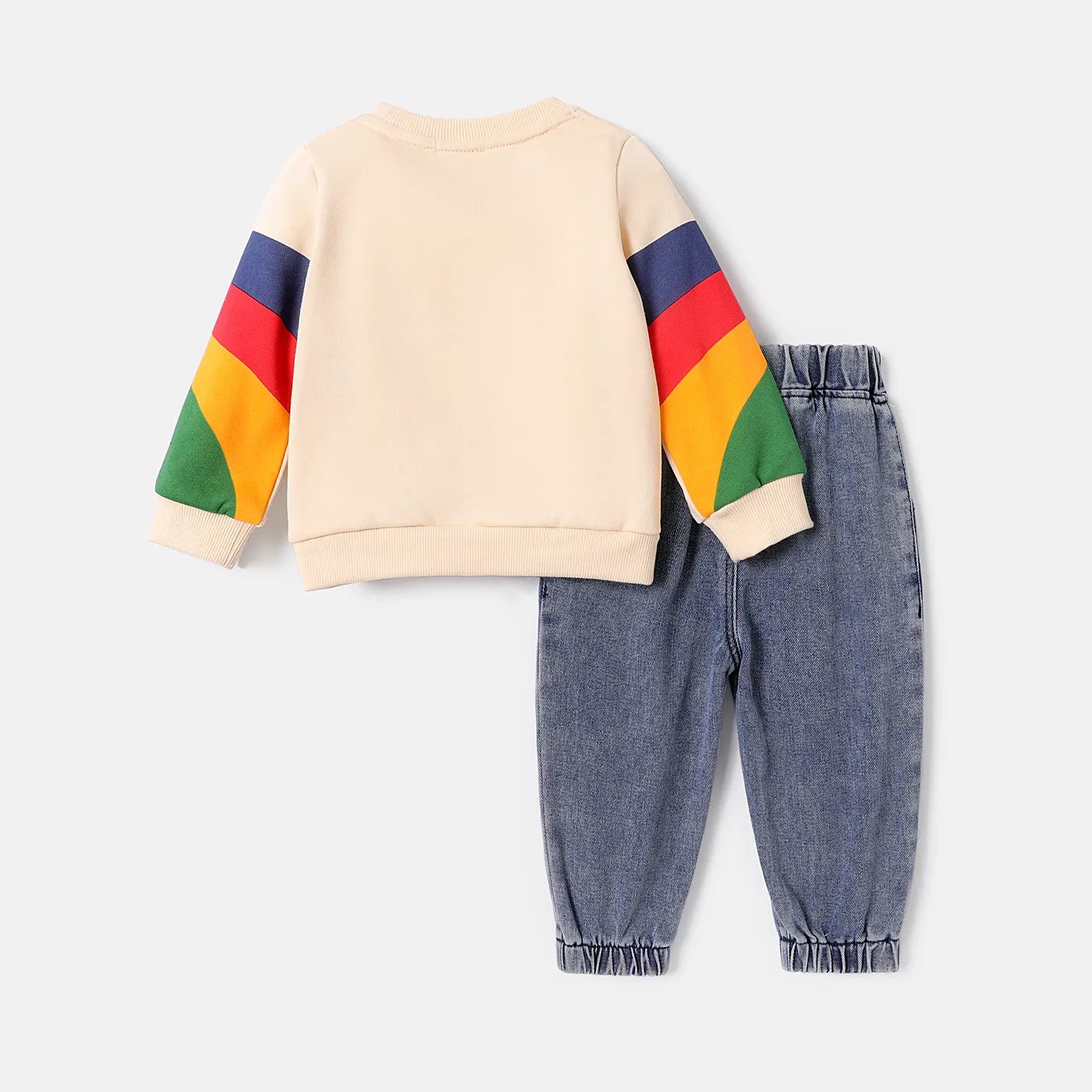 2pcs Baby Boy/Girl Rainbow Geo Print Long-sleeve Sweatshirt and Ripped Jeans Set Beige image 2