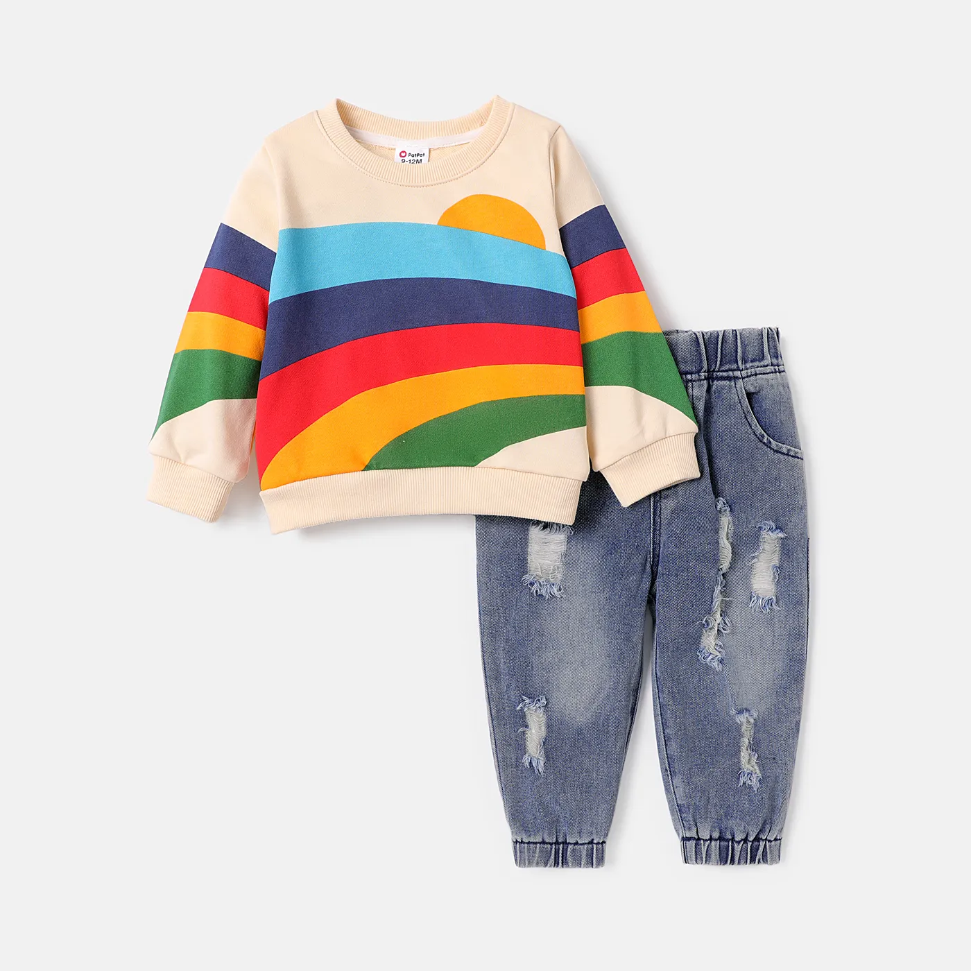 2pcs Baby Boy/Girl Rainbow Geo Print Long-sleeve Sweatshirt and Ripped Jeans Set Beige big image 1