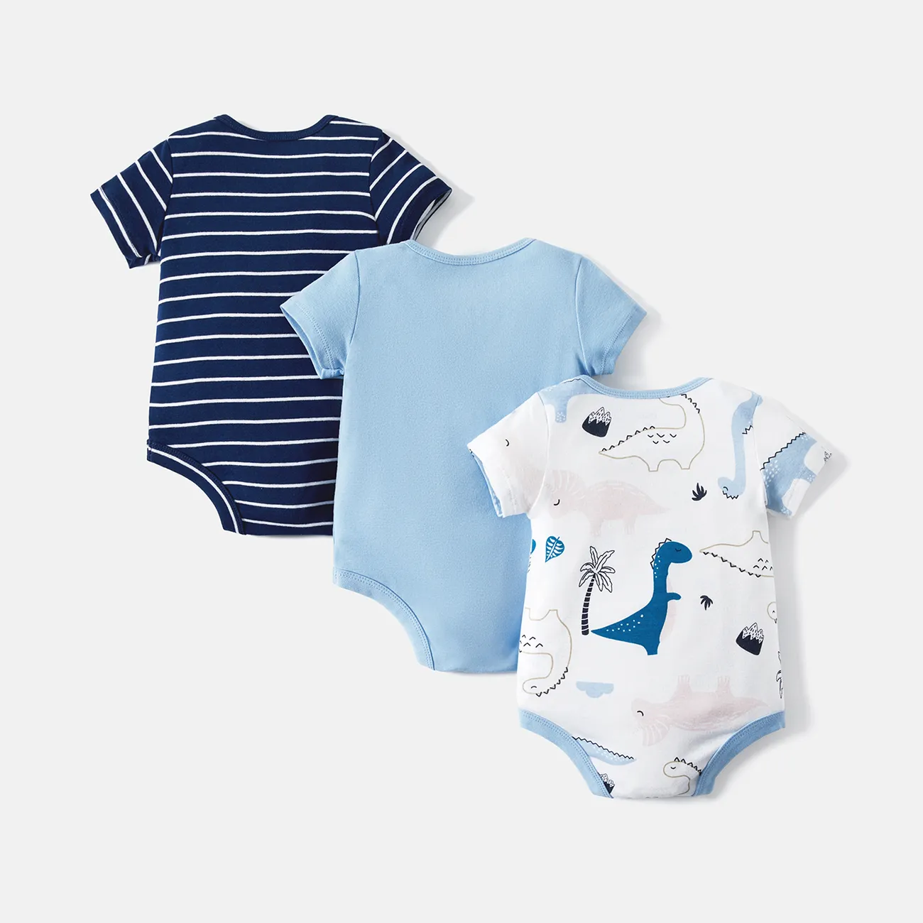 Pacote com 3 macacões de manga curta para bebê menina/menino com estampa de dinossauro/listras/cor lisa Azul big image 1