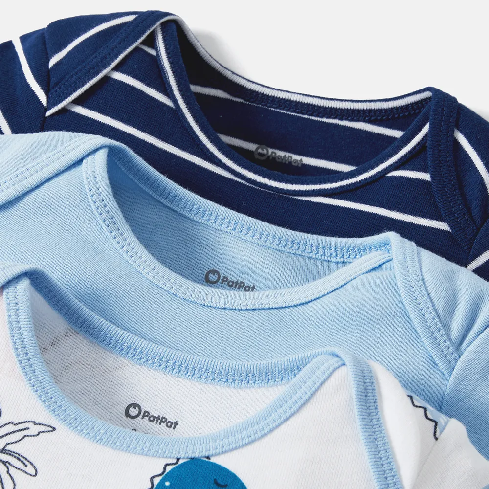 3-Pack Baby Girl/Boy Dinosaur Print/Stripe/Solid Color Short-sleeve Rompers big image 3