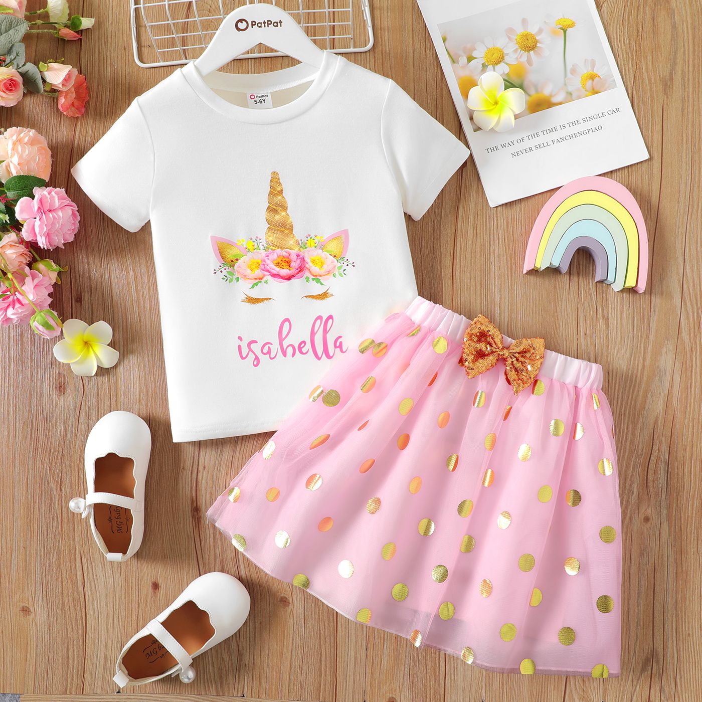 

2Pcs Kid Girl Fashion Short-sleeve Tee and Sequin Bow Decor Polka Dots Mesh Overlay Skirt Set