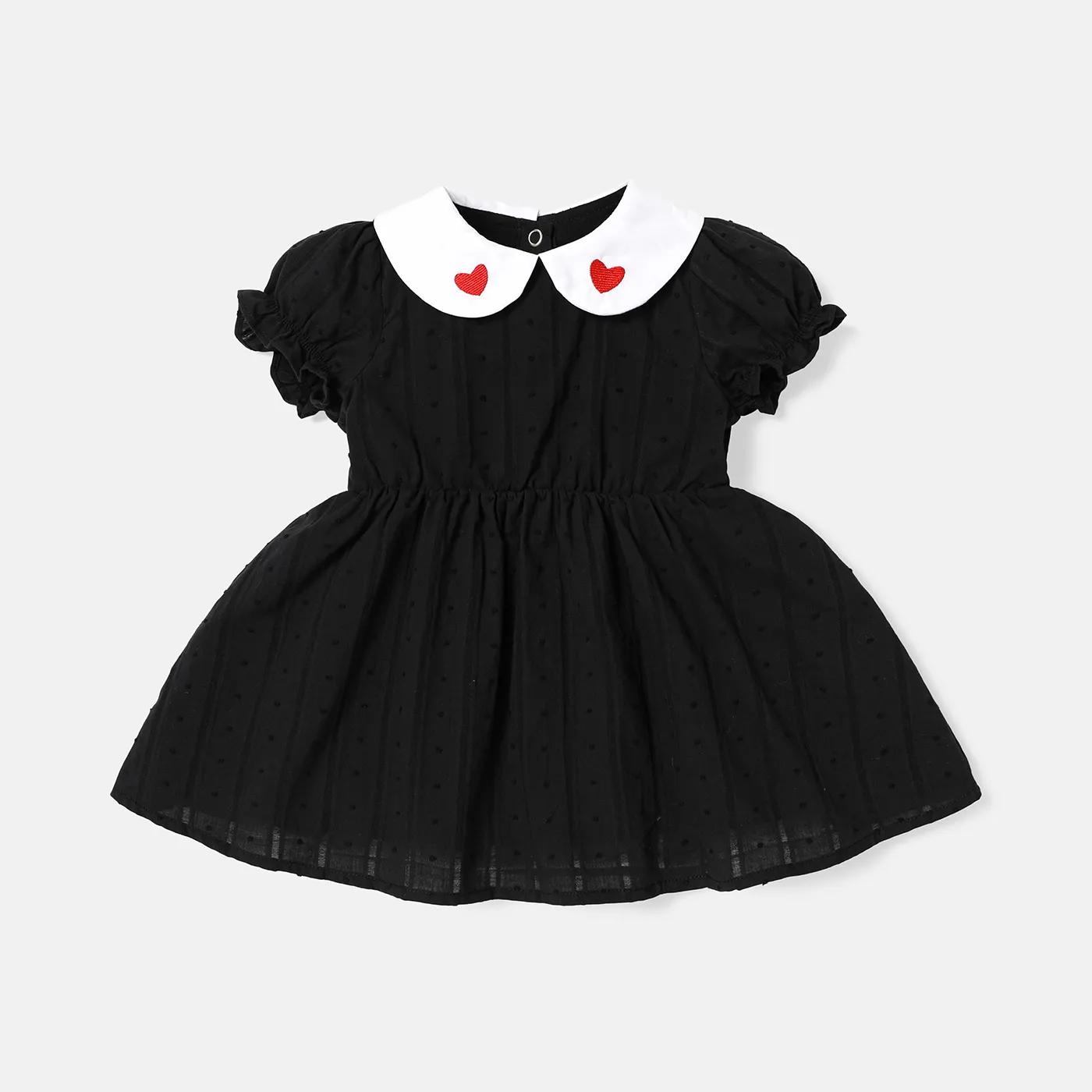 Baby Girl 100% Cotton Gingham Puff-sleeve Heart Embroidered Contrast Peter Pan Collar Dress