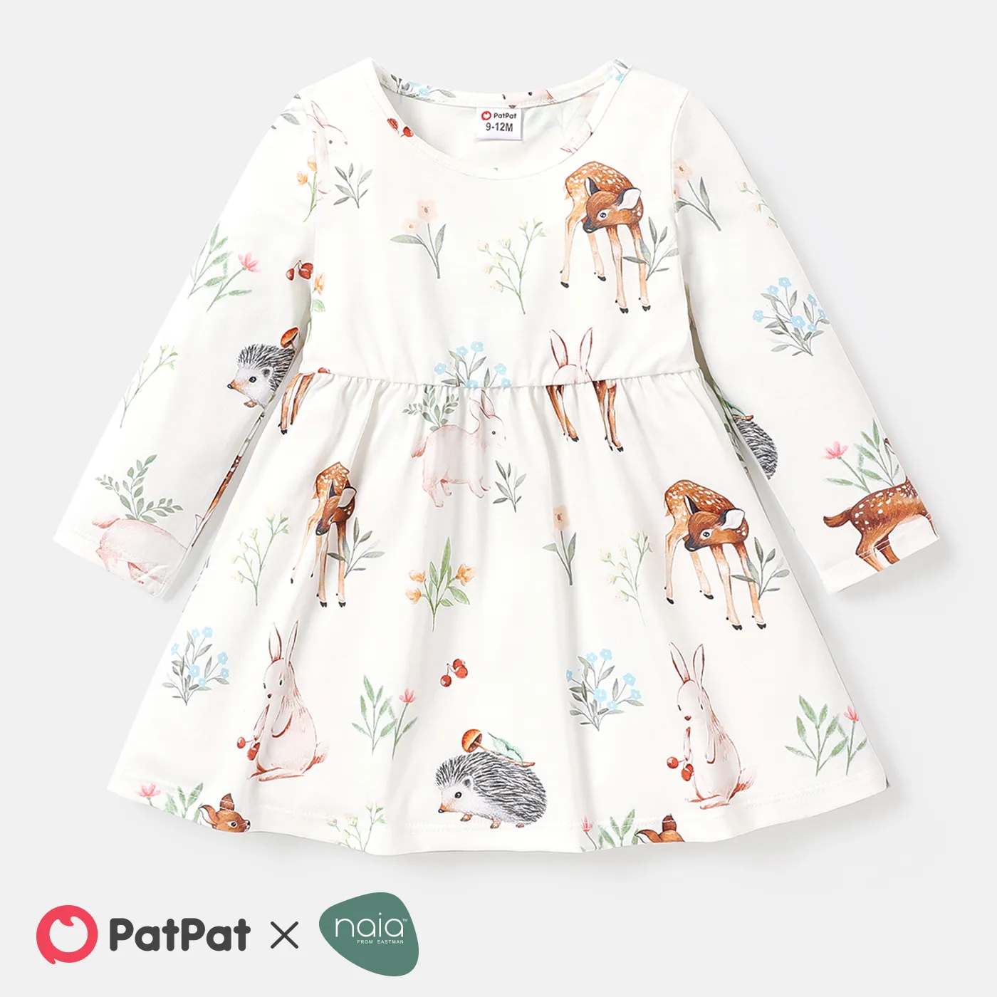 Baby Girl Allover Animal Print Long-sleeve Naia™ Dress White big image 1