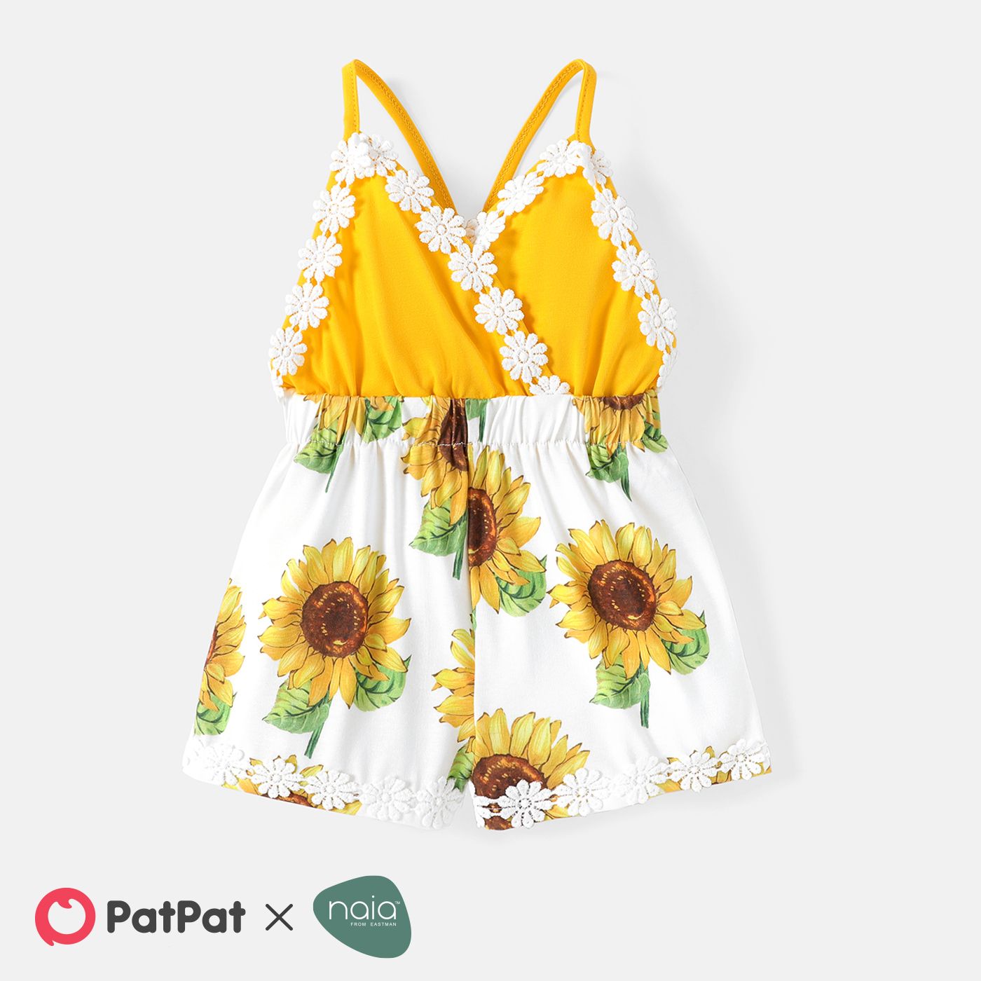 Baby Girl Solid Ribbed Splicing Sunflower Floral Print Spaghetti Strap Mesh Romper