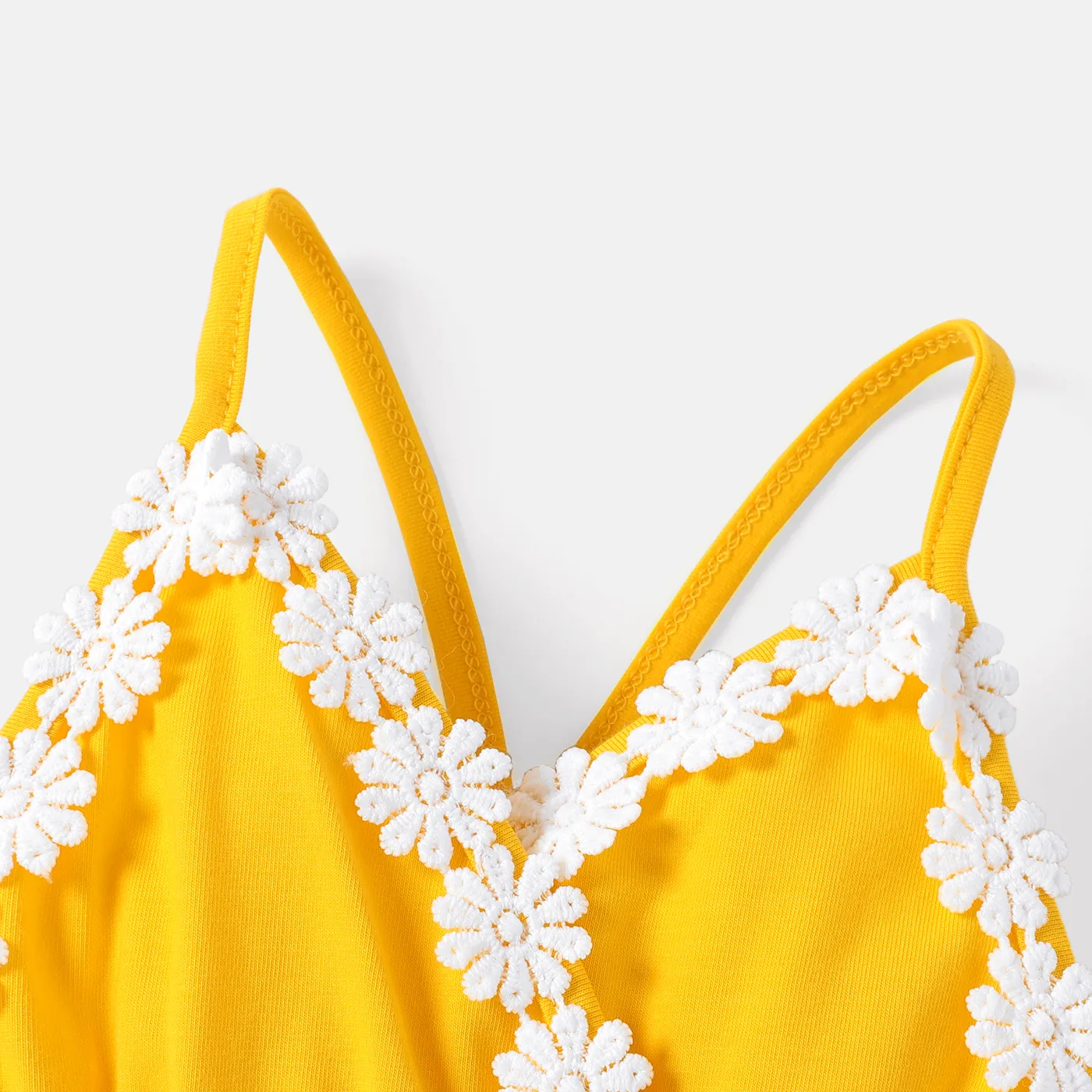 Baby Girl Floral Applique Design Solid Spliced Sunflower Print Naia™ Cami Romper ColorBlock image 3