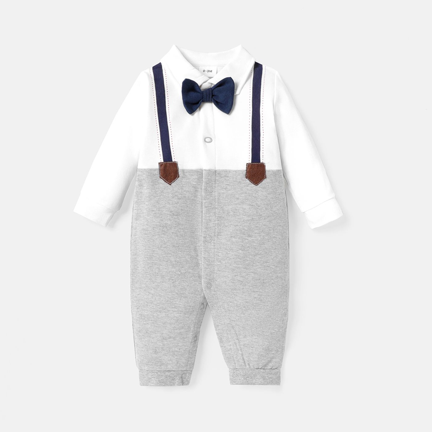 Baby Boy 100% Cotton Long-sleeve Colorblock Spliced Gentleman Bow Tie Jumpsuit