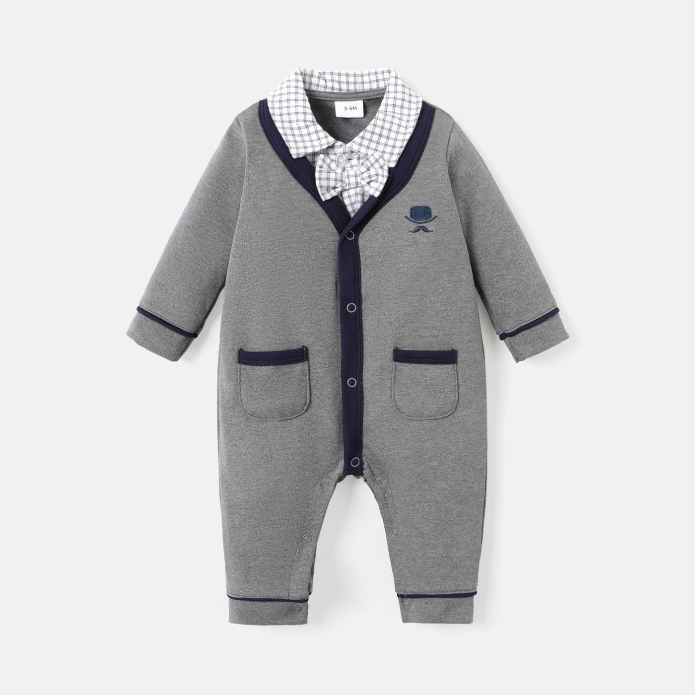 Baby Boy 100% Cotton Plaid Collar & Bow Detail Long-sleeve Faux-two Jumpsuit