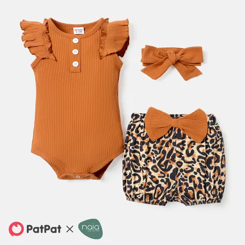3pcs Baby Girl Solid Cotton Ribbed Flutter-sleeve Romper and Bow Front Leopard Print Naia™ Shorts & Headband Set