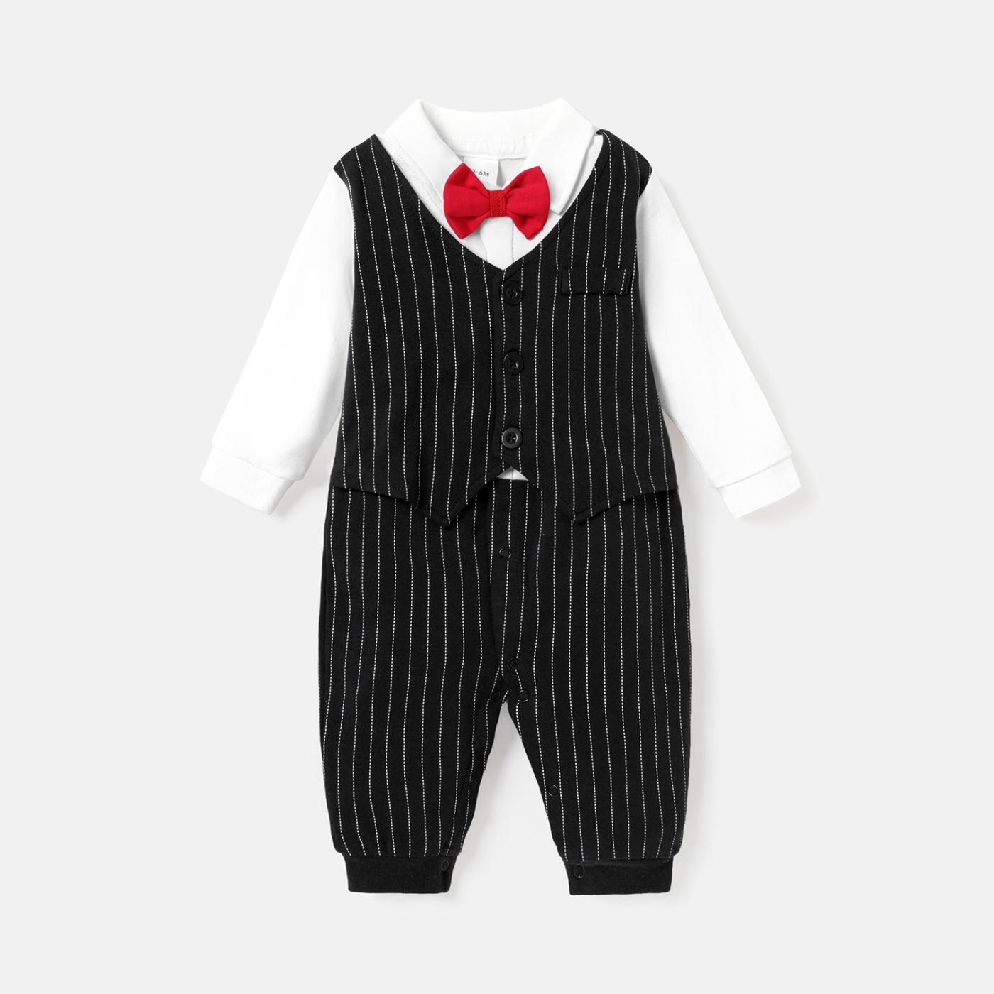 

Baby Boy 100% Cotton Long-sleeve Faux-two Striped Gentleman Bow Tie Jumpsuit