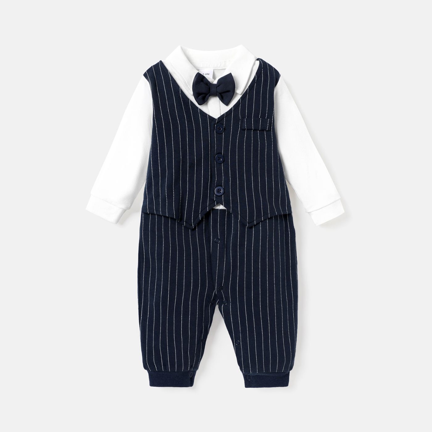 

Baby Boy 100% Cotton Long-sleeve Faux-two Striped Gentleman Bow Tie Jumpsuit