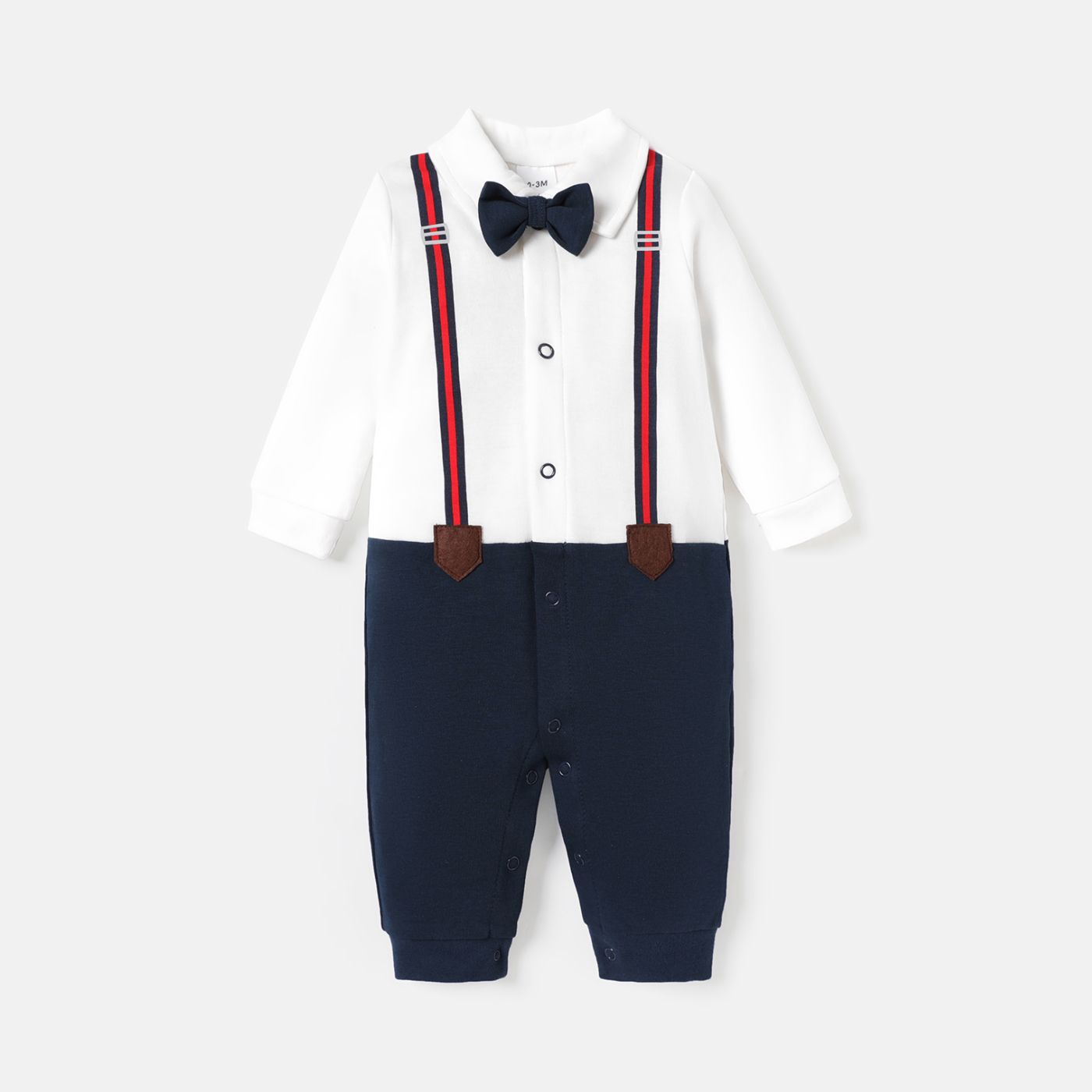 Baby Boy 100% Cotton Long-sleeve Colorblock Spliced Gentleman Bow Tie Jumpsuit