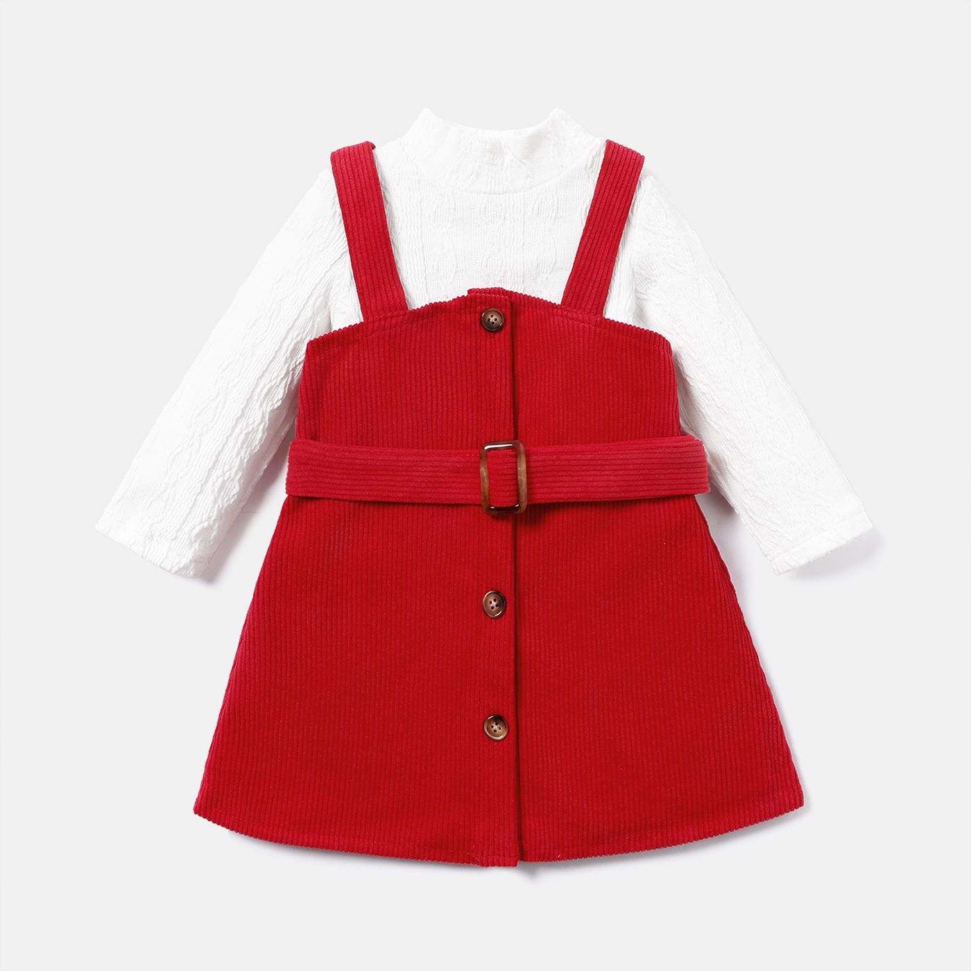 

2pcs Baby Girl Solid Textured Mock Neck Long-sleeve Top and Belted Overall Dress Set