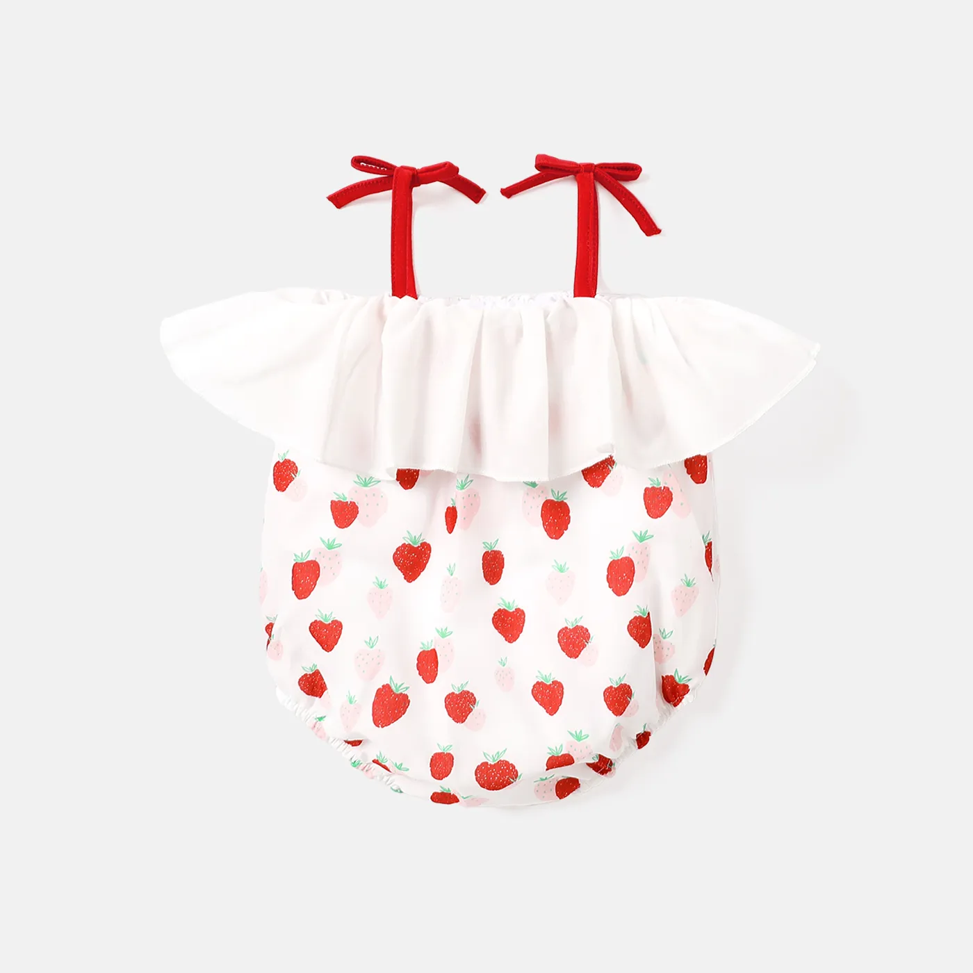 Baby Girl Strawberry Embroidered Ruffle Bowknot Cami Romper  image 2