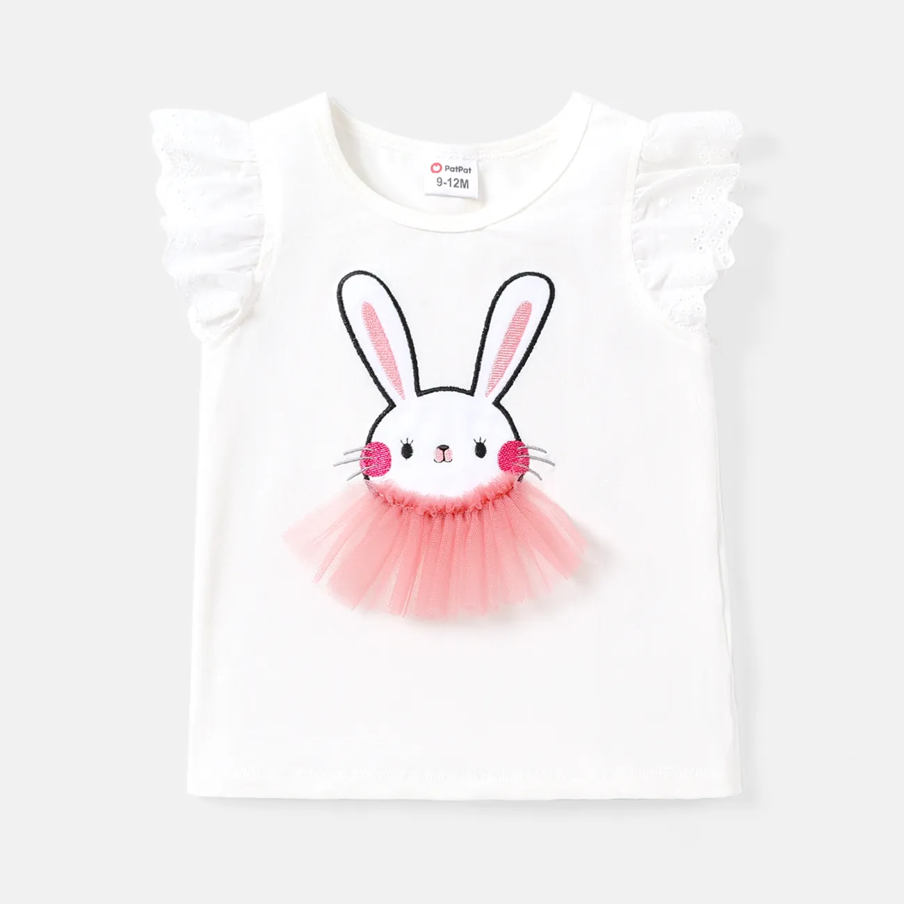 Baby Girl Cotton Rabbit Embroidered  Mesh Design Flutter-sleeve Tee  big image 1