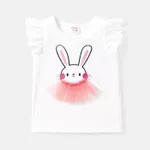 Baby Girl Cotton Rabbit Embroidered  Mesh Design Flutter-sleeve Tee White