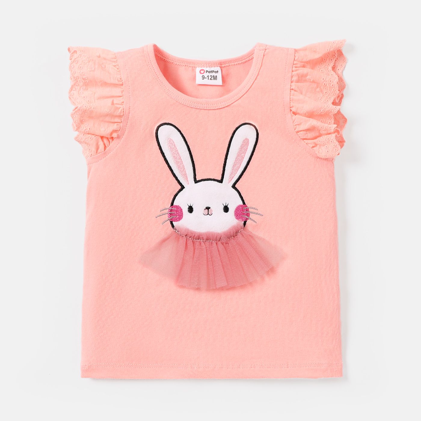 

Baby Girl Cotton Rabbit Embroidered Mesh Design Flutter-sleeve Tee