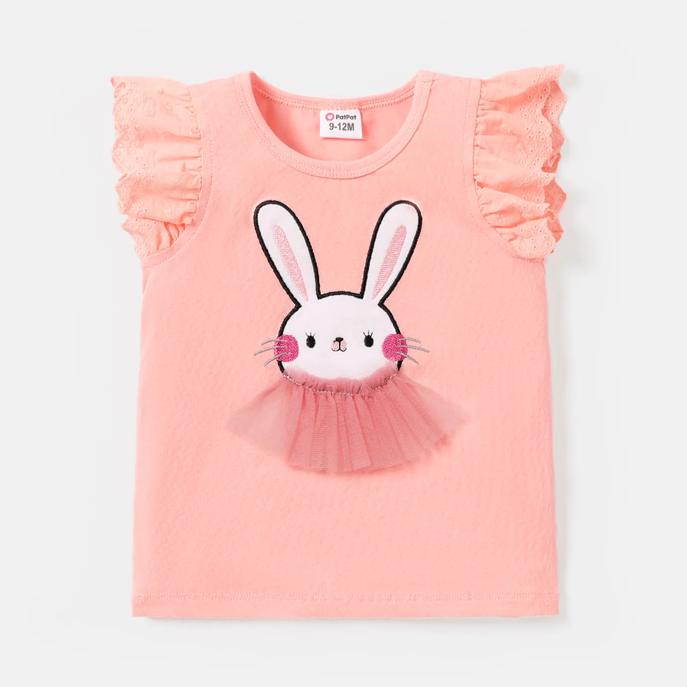 Baby Girl Cotton Rabbit Embroidered Flutter-sleeve Tee or Colorful Striped Overalls Shorts Pink