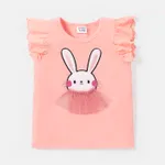 Baby Girl Cotton Rabbit Embroidered  Mesh Design Flutter-sleeve Tee Pink