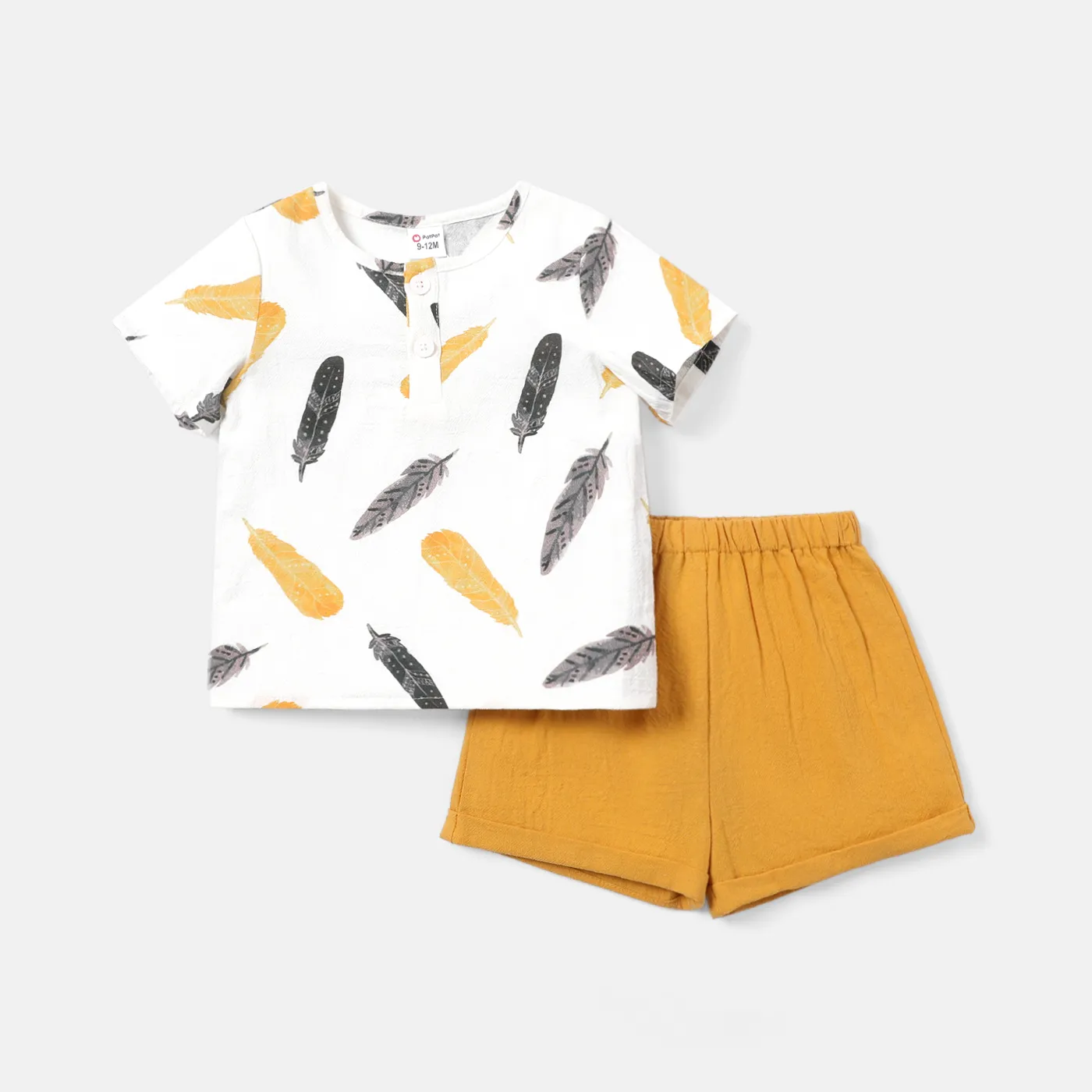 

2pcs Baby Boy 100% Cotton Feather Print Button Design Short-sleeve Tee and Shorts Set