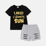 2pcs Toddler Boy Letter Print Cotton Short-sleeve Tee and Ripped Shorts Set Black