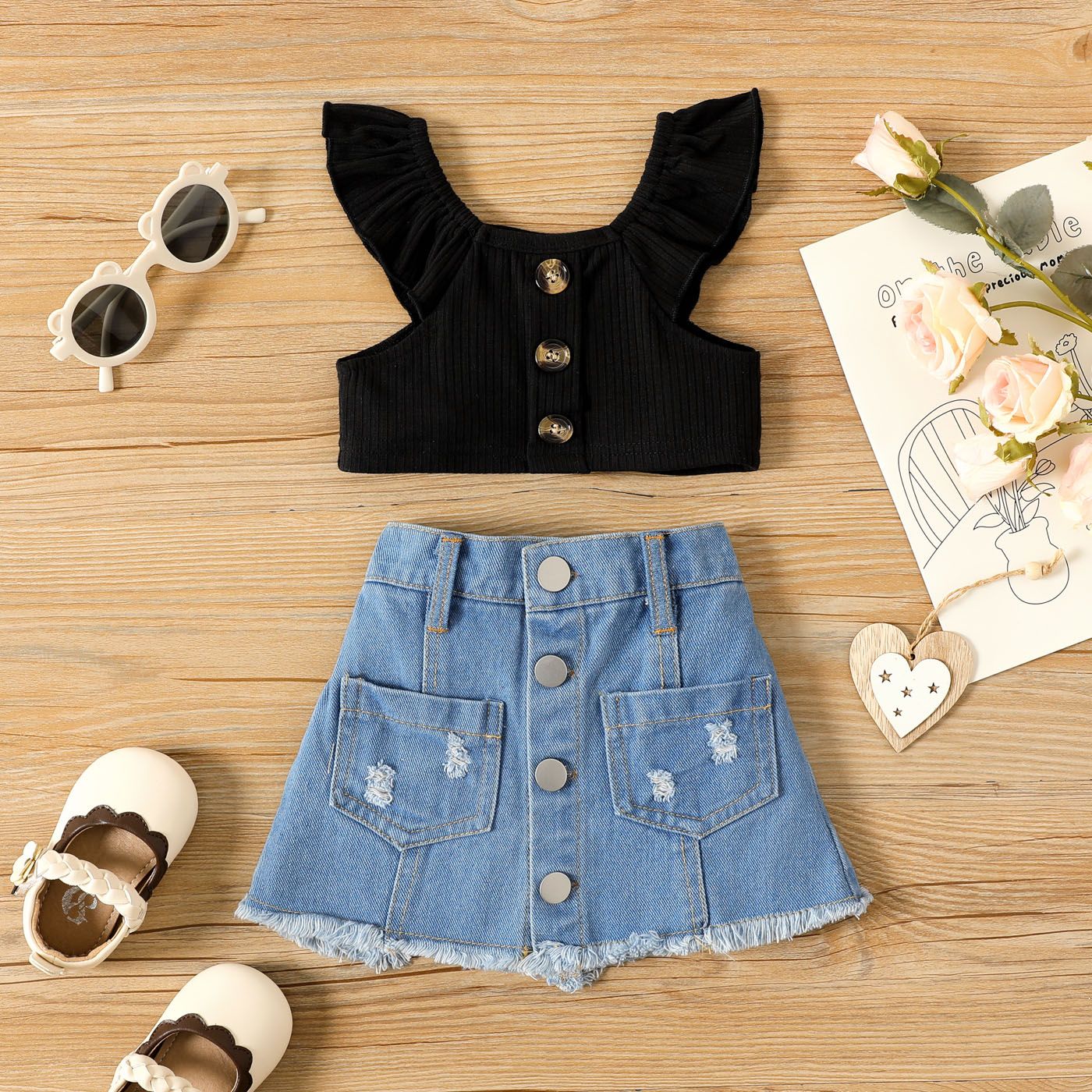 

2pcs Baby Girl Button Front Sleeveless Ribbed Crop Top and Raw Hem Ripped Denim Skirt Set