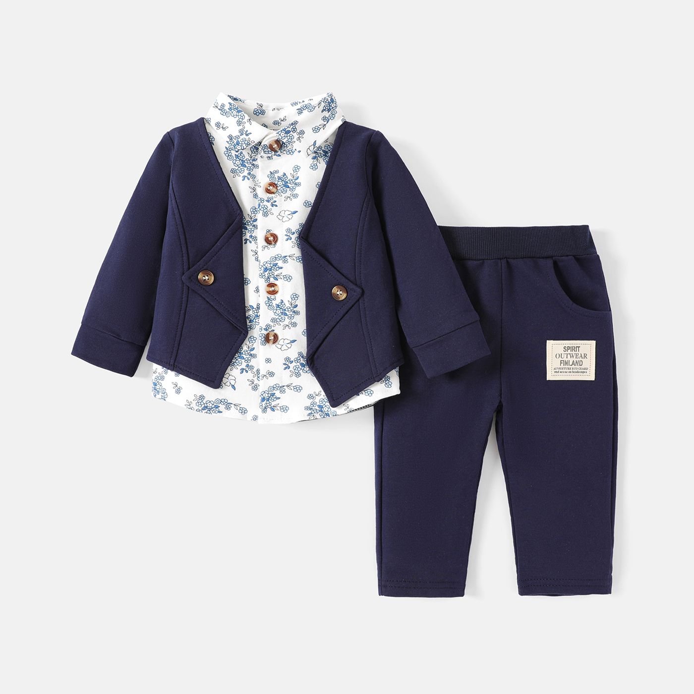 2pcs Baby Boy 95% Cotton Long-sleeve Floral Print Faux-two Top & Pants Set