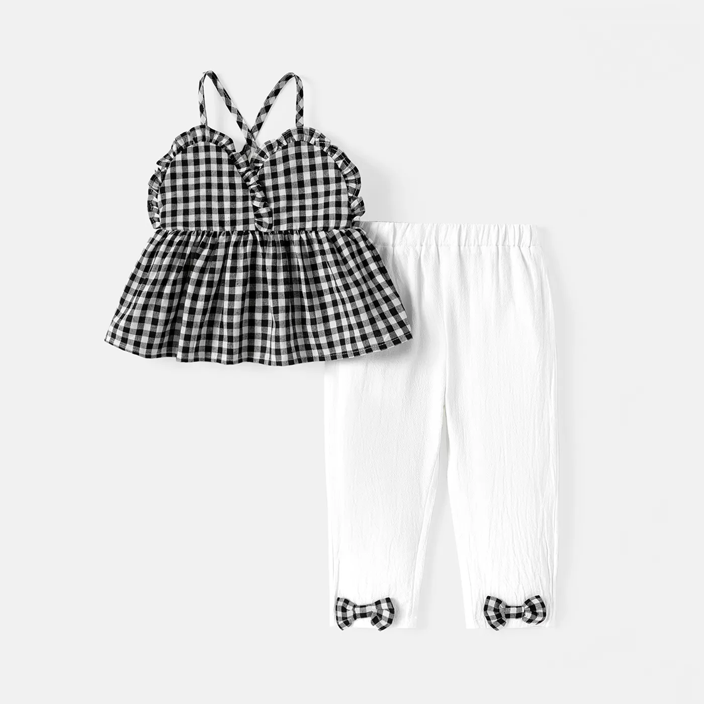 

2pcs Toddler Girl Ruffled Plaid Camisole and Bowknot Design Pants Set