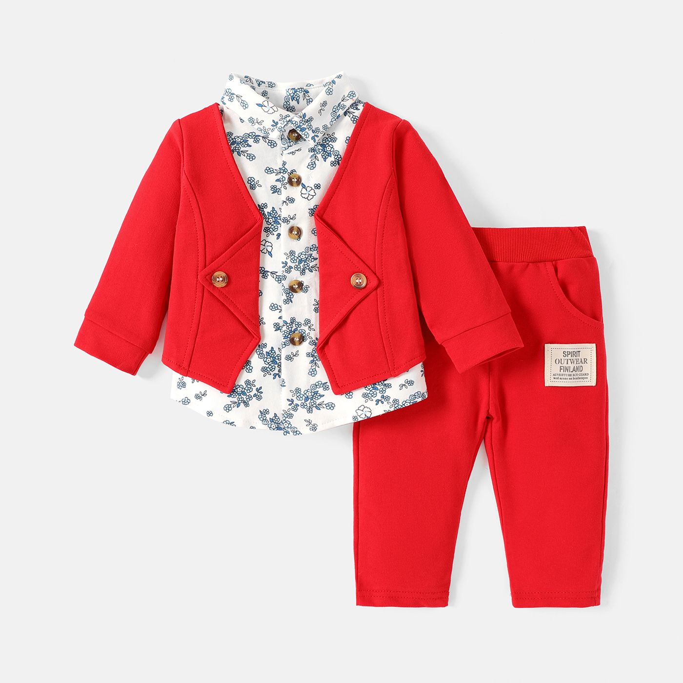 2pcs Baby Boy 95% Cotton Long-sleeve Floral Print Faux-two Top & Pants Set