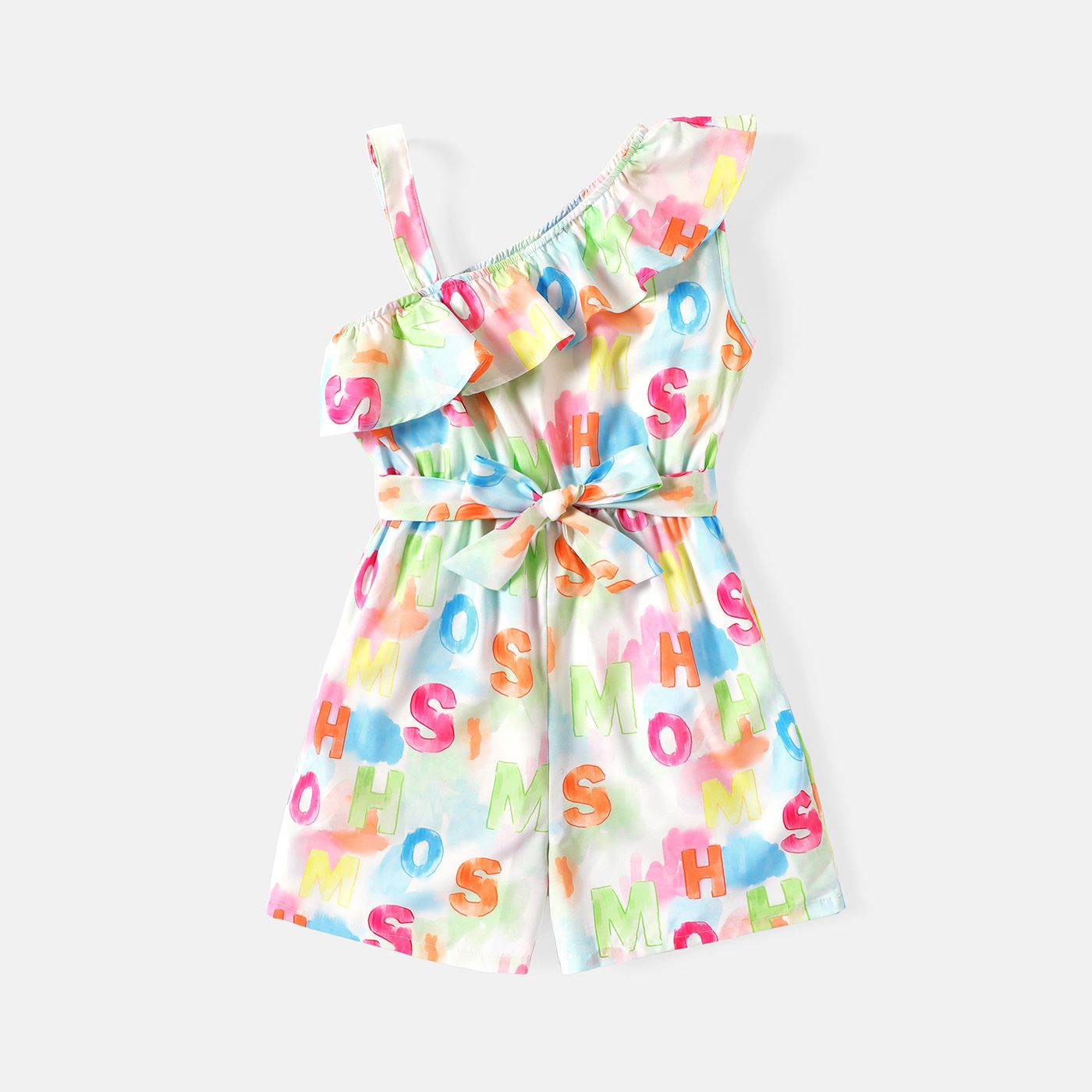 

Kid Girl Letter Print Flounce Belted Sleeveless Rompers