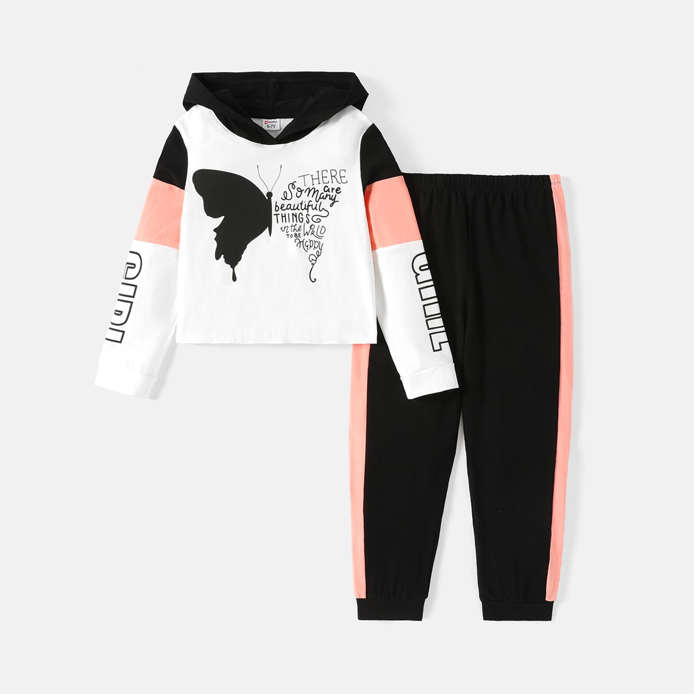 

2pcs Kid Girl Butterfly Print Colorblock Cotton Hoodie Sweatshirt and Pants Set