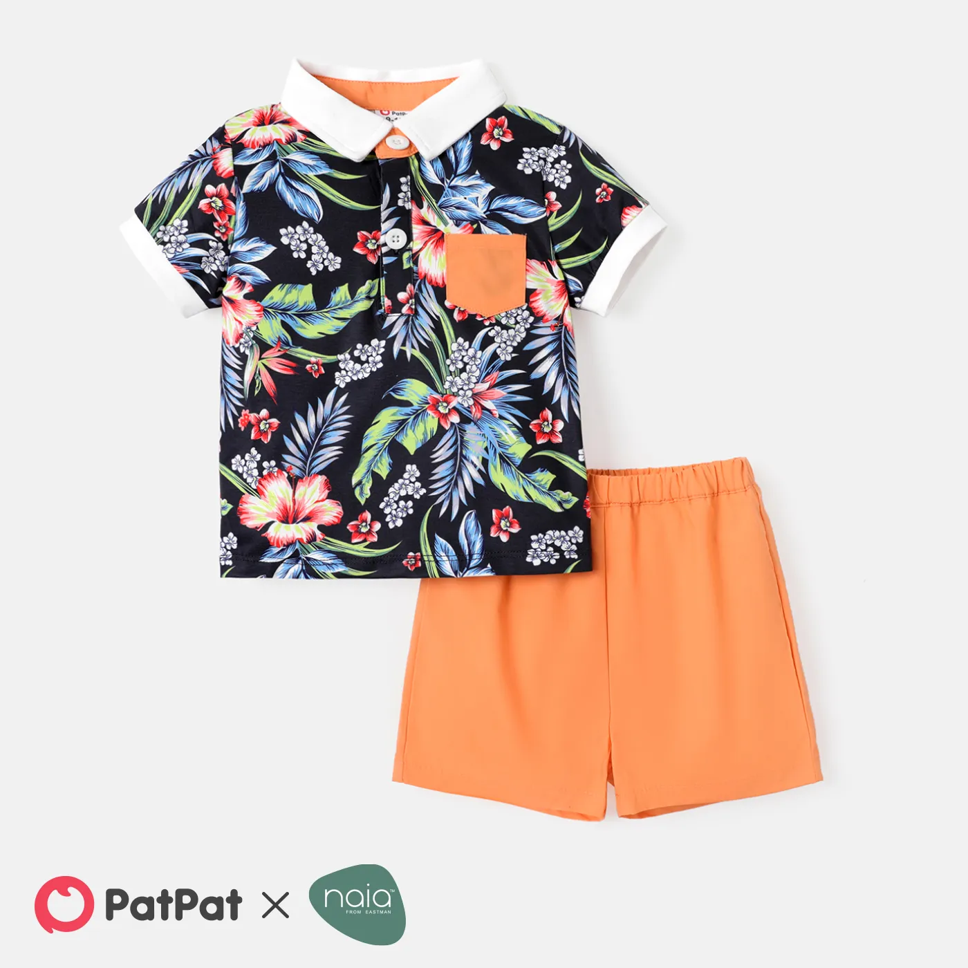 2pcs Baby Boy 100% Cotton Solid Shorts And Short-sleeve Allover Floral Print Naiaâ¢ Polo Shirt Set