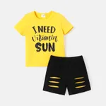 2pcs Toddler Boy Letter Print Cotton Short-sleeve Tee and Ripped Shorts Set Yellow image 2