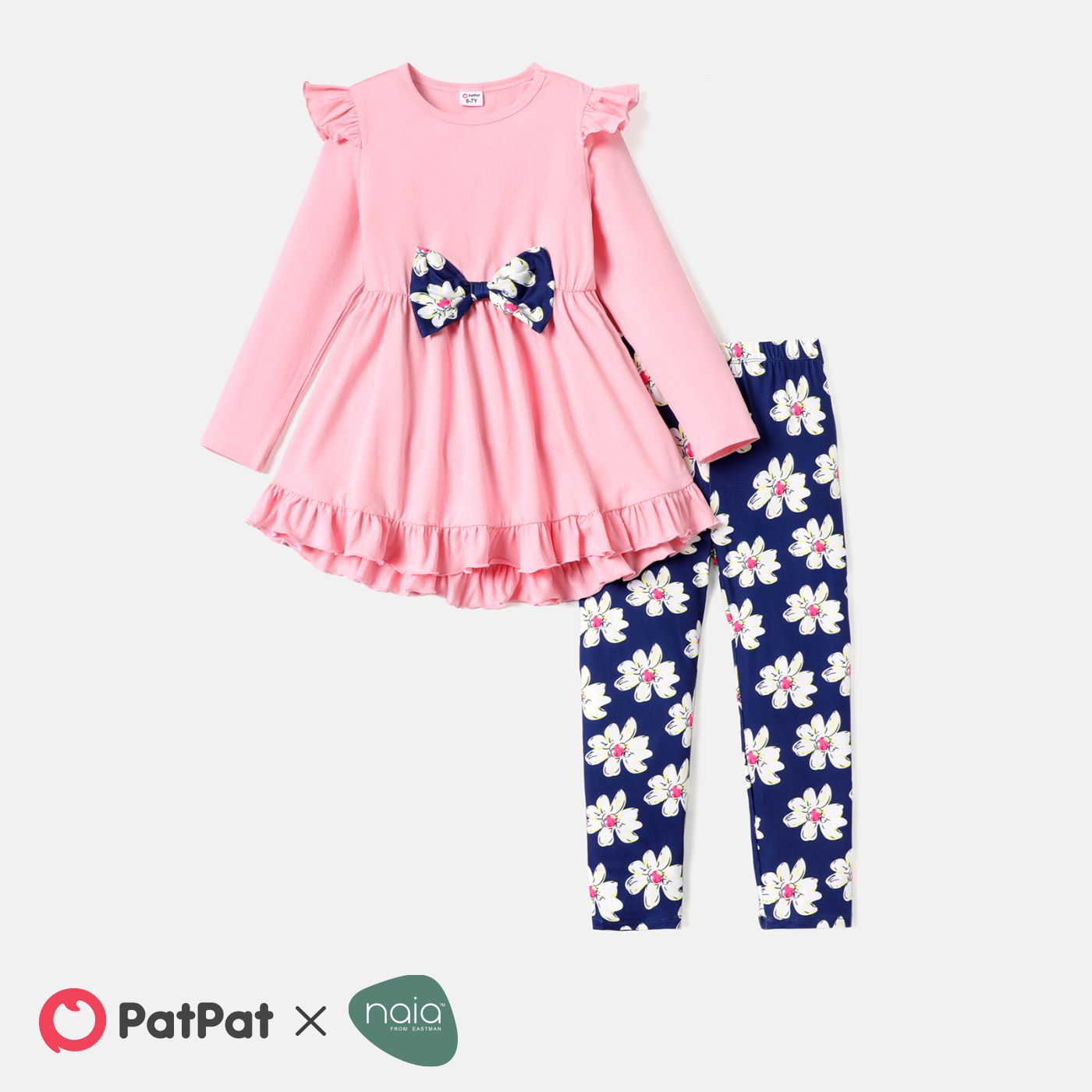 

2pcs Kid Girl High Low 3D Bowknot Design Tee and Floral Print Leggings Set