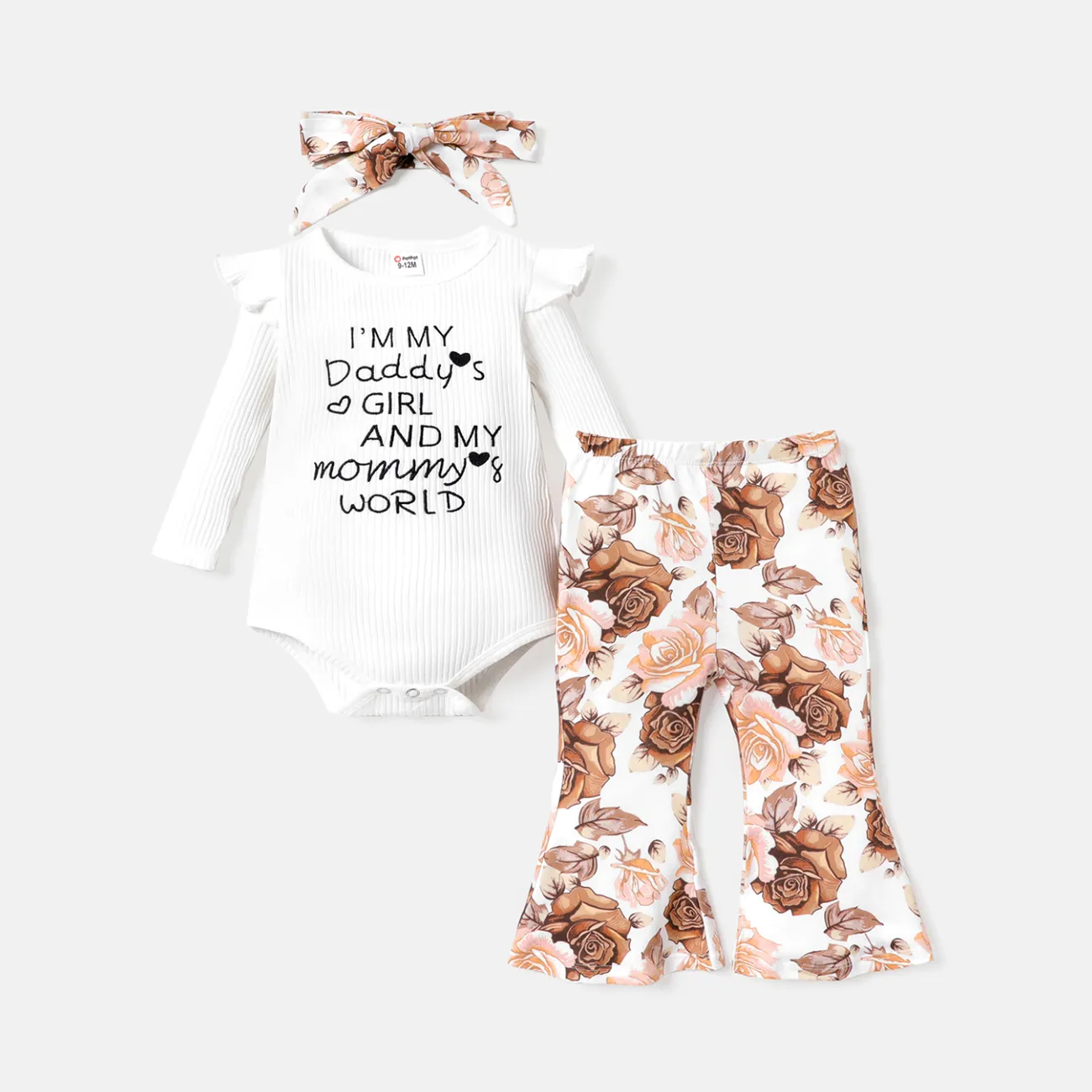3pcs Baby Girl Letter Print Ribbed Romper and Floral Print Flared Pants & Headband Set White big image 1