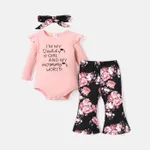 3pcs Baby Girl Letter Print Ribbed Romper and Floral Print Flared Pants & Headband Set Pink