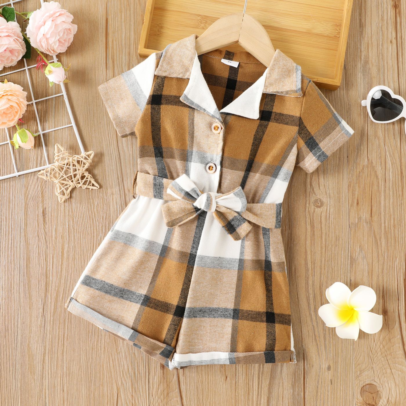 

Toddler Girl/Boy Classic Lapel Collar Plaid Belted Short-sleeve Rompers